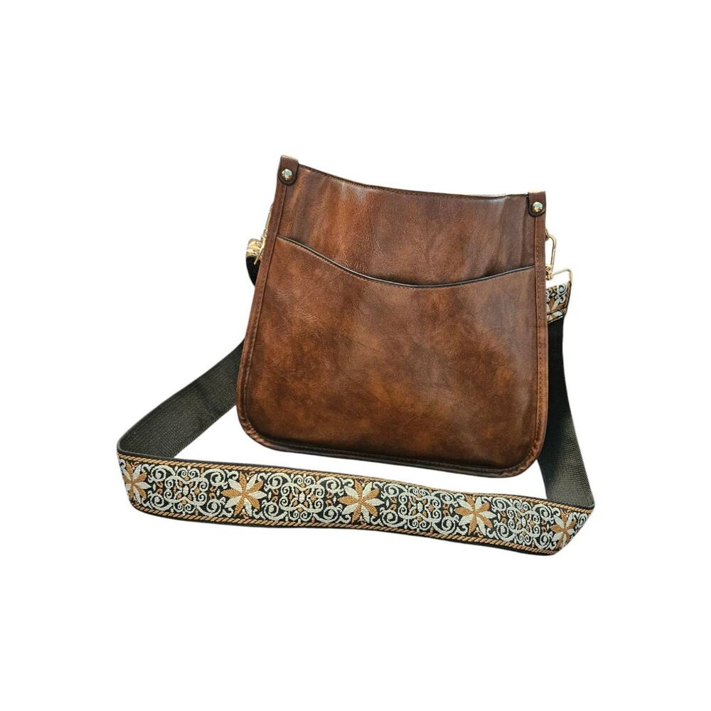 Vegan Leather Crossbody Bag Cognac Brown Embroidered Strap - Picture 2 of 7